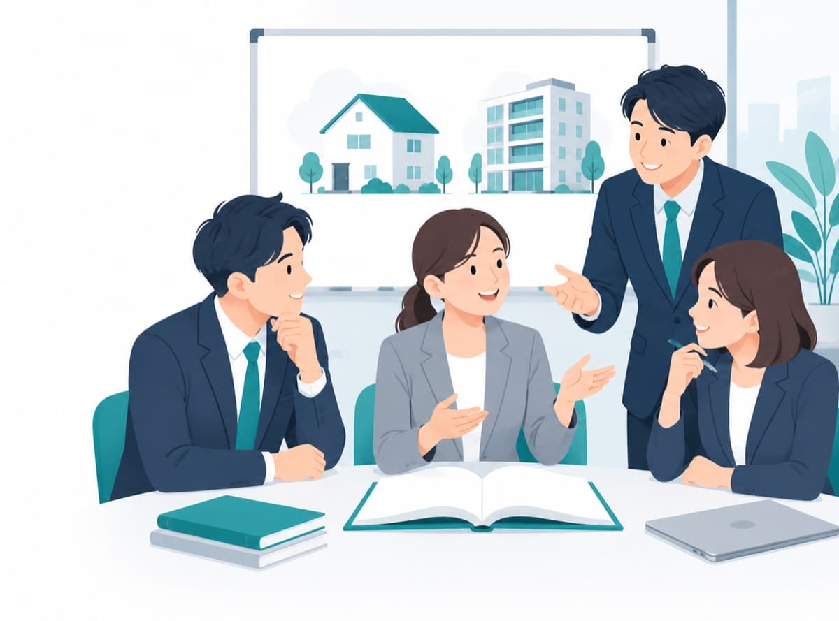 不動産の勉強会で実務者同士がテーブルを囲んで資料を見ながら議論しているイラスト