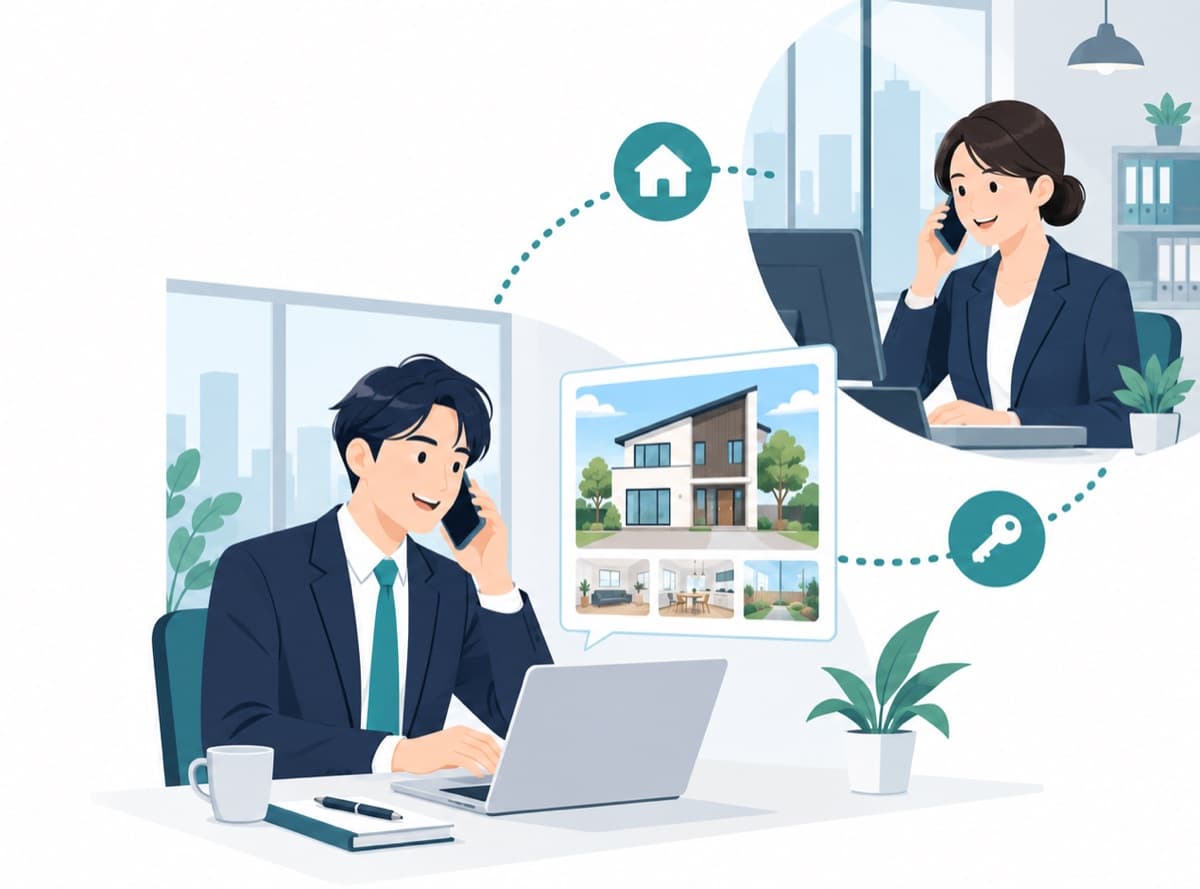 不動産会社の担当者が図面を手に電話で物件確認をしている様子のイラスト