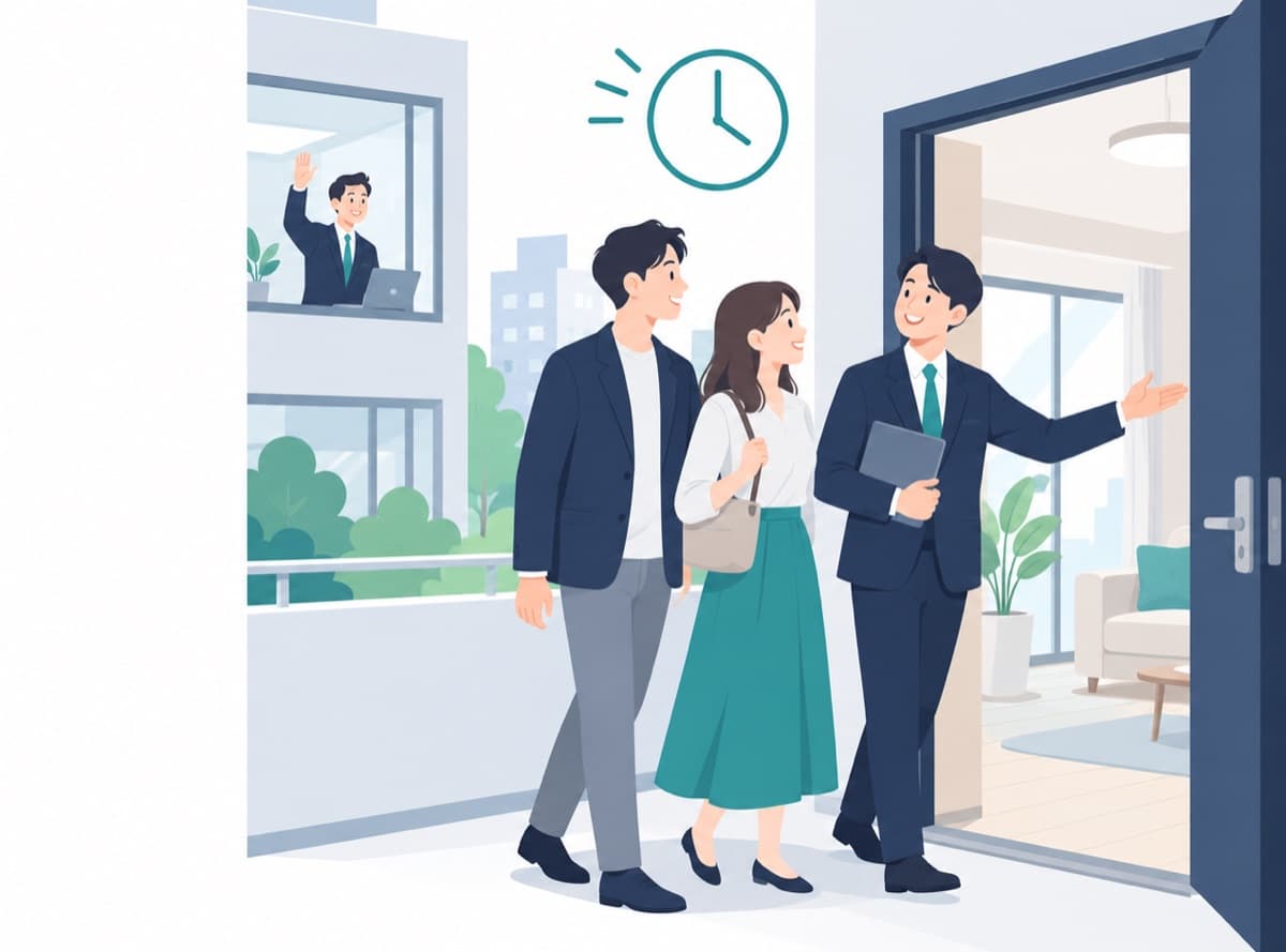 客付け営業の担当者がお客様を案内しながら、元付け会社にスマートフォンで進捗を報告しているイラスト