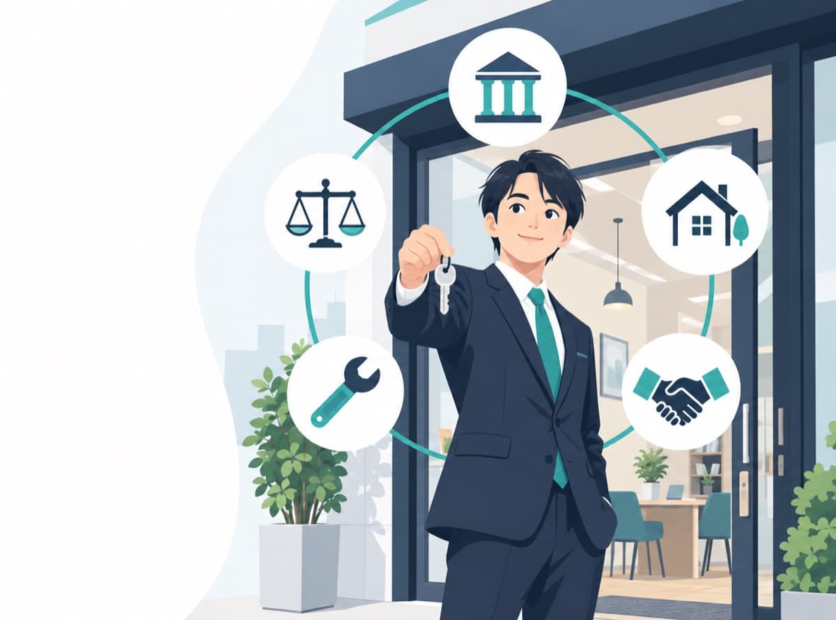 開業したばかりの不動産事務所の前で鍵を持つ経営者と、金融・士業・管理・パートナーを表すアイコンのイラスト