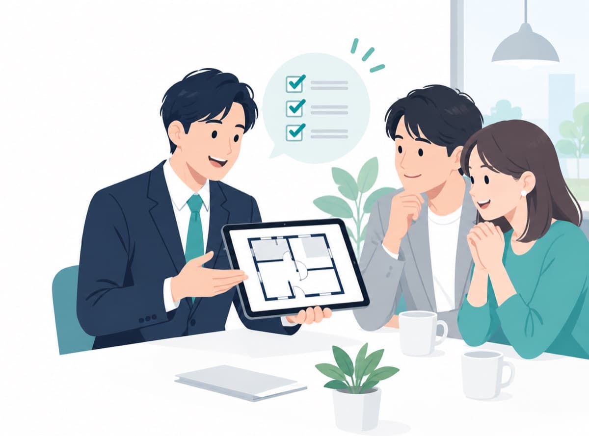 不動産営業担当者がお客様の要望をヒアリングしながらメモを取っている場面のイラスト